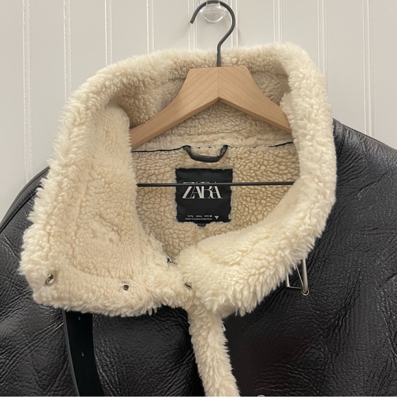 ZARA Black Faux Leather Cream Fleece Lined Sz L - Picture 5 of 13